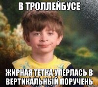 в троллейбусе жирная тетка уперлась в вертикальный поручень