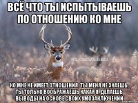 всё что ты испытываешь по отношению ко мне ко мне не имеет отношения. ты меня не знаешь, ты только воображаешь какая я, делаешь выводы на основе своих умозаключений