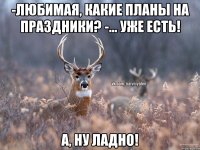 -Любимая, какие планы на праздники? -... уже есть! А, ну ладно!