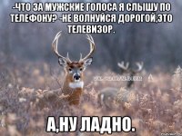 -Что за мужские голоса я слышу по телефону? -Не волнуйся дорогой,это телевизор. А,ну ладно.