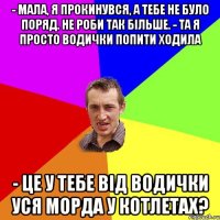 - Мала, я прокинувся, а тебе не було поряд. Не роби так бiльше. - Та я просто водички попити ходила - Це у тебе вiд водички уся морда у котлетах?