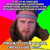 14/88 - это на самом деле древнеславянская зашифрованная формула голема, которая означает 14/988, последняя цифра которой как бэ намекает При чём тут голем? Не знаю, сирень бывает белой...