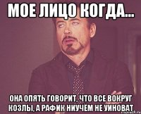 мое лицо когда... она опять говорит, что все вокруг козлы, а рафик ниучём не уиноват