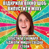 відкрила вікно шоб випустити муху впустила 2 комаря, 3 бджоли, мишу і свідка єгови