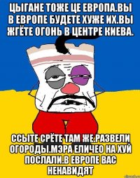 Цыгане тоже це европа.вы в европе будете хуже их.вы жгёте огонь в центре киева. Ссыте срёте там же.развели огороды.мэра еличео на хуй послали.в европе вас ненавидят