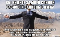 Вы видите за моей спиной оазисы и заливные луга? Только для Новичков мы даем эргономичные лопаты и личные вентиляторы, дабы реализовать нашу великую мечту!