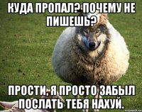 Куда пропал? Почему не пишешь? прости, я просто забыл послать тебя нахуй.