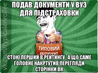 Подав документи у ВУЗ для підстраховки стою перший в рейтингу , а що саме головне накртутив перегляди сторінки ВК