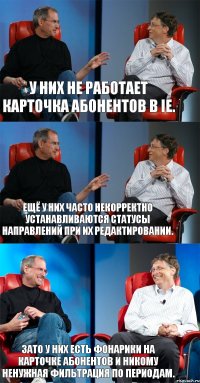 У них не работает карточка абонентов в IE. Ещё у них часто некорректно устанавливаются статусы направлений при их редактировании. Зато у них есть фонарики на карточке абонентов и никому ненужная фильтрация по периодам.