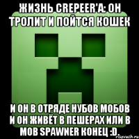 Жизнь Crepeer'a: Он Тролит и пойтся кошек И он в отряде нубов мобов и Он живёт в пешерах или в Mob Spawner Конец :D.