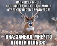 Напишу ей много сообщений,пока она не может ответить. Пусть обрадуется) она: Заибал. Мне что отойти нельзя?