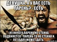 Девушка, а у вас есть парень? - Есть - Ну ничего парень не стенка, подвинется - Парень то не стенка и по ебалу может дать.