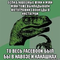 если б навозные жуки и мухи мухи,тоже выкладывали фотографии своей еды в инстаграм то весь Facebook был бы в навозе И КАКАШКАХ