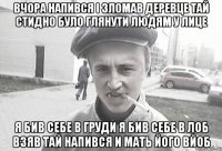 ВЧОРА НАПИВСЯ І ЗЛОМАВ ДЕРЕВЦЕ ТАЙ СТИДНО БУЛО ГЛЯНУТИ ЛЮДЯМ У ЛИЦЕ Я БИВ СЕБЕ В ГРУДИ Я БИВ СЕБЕ В ЛОБ ВЗЯВ ТАЙ НАПИВСЯ И МАТЬ ЙОГО ВЙОБ