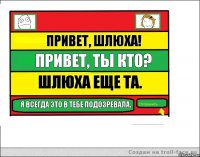 Привет, шлюха! Привет, ты кто? Шлюха еще та. Я всегда это в тебе подозревала.