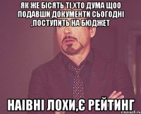 як же бісять ті,хто дума щоо подавши документи сьогодні ,поступить на бюджет наівні лохи,є рейтинг