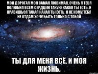 моя дорогая моя самая любимая. Очень я тебя полюбил всем сердцем такую какая ты есть. И нравишься такая какая ты есть. Я не кому тебя не отдам хочу быть только с тобой ты для меня всё, и моя жизнь.