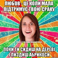 Любов - це коли мала підтримує твою сраку поки ти сидиш на дереві і пиздиш абрикоси