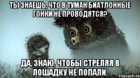 Ты знаешь, что в туман биатлонные гонки не проводятся? Да, знаю, чтобы стреляя в лошадку не попали.