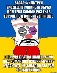 Базар фильтруй уродец.петушиный образ для тебя самый раз.ты в европе под кончиту ляжешь В натуре братва шалеет.азов под командой ляшки мужику кудахтать не западло вы там чё обкурились