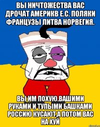 Вы ничтожества вас дрочат америкв е.с. поляки французы литва норвегия. Вы им похую.вашими руками и тупыми башками россию кусают.а потом вас на хуй