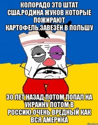 Колорадо это штат сша.родина жуков которые пожирают картофель.завезён в польшу 30 лет назад потом попал на украину потом в россию.очень вредный как вся америка