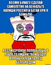 Возми бумагу сделай самолётик на асфальте напиши россия и бегай ори я бомблю А если сучёнок попробуешь в реале то кишки твои будут вороны клевать под белгородом