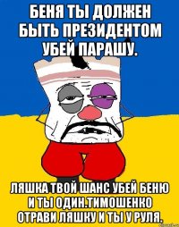 Беня ты должен быть президентом убей парашу. Ляшка твой шанс убей беню и ты один.тимошенко отрави ляшку и ты у руля.