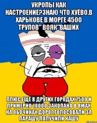 Укропы как настроение?знаю что хуёво.в харькове в морге 4500 трупов" вояк"ваших Плюс ещё в других городах 7500 и примерно 10000 закопано в ямах на обочинах дорог.голосовали за парашу получили кашу