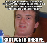 два холодильника ехали по полю, один белый, другой на концерт в сочи. вопрос: как зовут ёжика, если килограмм жареных огурцов надо съесть до пятницы? кактусы в январе.