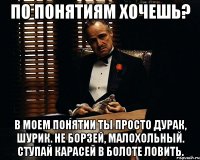 По понятиям хочешь? В моем понятии ты просто дурак, шурик. Не борзей, малохольный. Ступай карасей в болоте ловить.