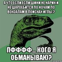 А ЧТО ЕСЛИ ЕСЛИ ШИНИ НЕ НАРИК И НЕ ШАРОЁБИТСЯ ПО НОЧАМ ПО ВОКЗАЛАМ В ПОИСКАХ ИГЛЫ ? ПФФФФ... КОГО Я ОБМАНЫВАЮ?