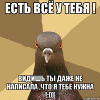 ЕСТЬ ВСЁ У ТЕБЯ ! ВИДИШЬ ТЫ ДАЖЕ НЕ НАПИСАЛА ,ЧТО Я ТЕБЕ НУЖНА !:(((