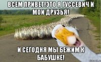 Всем привет!Это я Гуссевич и мои друзья! И сегодня мы бежим к бабушке!