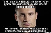 Ты не ты ,когда я не ты,но если посмотреть с другой стороны,то видно собаку,которая похожа на кошку. То есть,собака - большая кошка . Это была правая сторона моих мыслей.Где же я?