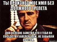 Ты произнес мое имя без должного трепета Дон Ослеоне заметил что у тебя по соседству завелся улей , не забывай об этом.