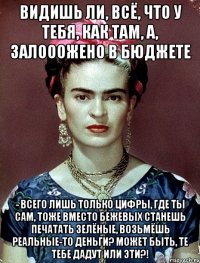 Видишь ли, всё, что у тебя, как там, а, залооожено в бюджете - всего лишь только цифры, где ты сам, тоже вместо бежевых станешь печатать зелёные, возьмёшь реальные-то деньги? Может быть, те тебе дадут или эти?!