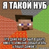 я такой нуб что даже когда был в шахте вместо алмазов добыл уголь у пошел домой :3