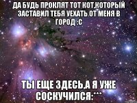 да будь проклят тот кот,который заставил тебя уехать от меня в город :С ты еще здесь,а я уже соскучился:***