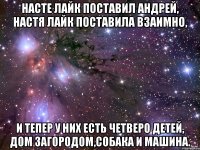 Насте лайк поставил Андрей, Настя лайк поставила взаимно, и тепер у них есть четверо детей, дом загородом,собака и машина.