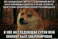 вëл скандальный твиттер, с содержанием мата и фото обнажëнных цыпочек, и зачем-то взял на свою голову зафолловил аккаунт роскомнадзора и уже на следующие сутки мой аккаунт был заблокирован