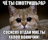 Чё ты смотришь?А? Сосиску отдай мне,ты холоп вонючий!