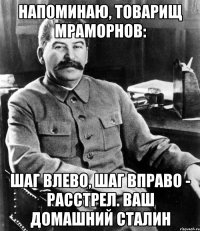 Напоминаю, товарищ Мраморнов: Шаг влево, шаг вправо - расстрел. Ваш домашний Сталин