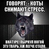 говорят: - коты снимают стресс. внатуре! пырнул ногой эту тварь, аж легче стало.