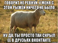 говорит НЕ РЕВНУЙ, у меня с этой рыжей ничего не было ну да, ты просто так скрыл ее в друзьях вконтакте