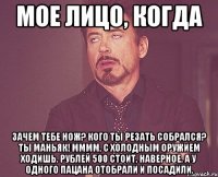 Мое лицо, когда Зачем тебе нож? Кого ты резать собрался? Ты маньяк! Мммм, с холодным оружием ходишь. Рублей 500 стоит, наверное. А у одного пацана отобрали и посадили.