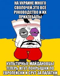 На украине много сволочей.это всё руководство и их прихлебалы Культурные майдановцы теперь жгут покрышки по европейски и срут за палатки