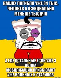 Ваших погибло уже 34 тыс. Человек а официально меньше тысячи А где остальные если уже 3 волна мобилизации.призывают уже больных и стариков