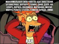 Максимальная сила чувств: Ада, Анастасия, Бронислава, Варвара, Галина, Дина, Дора, Ия, Клара, Лариса, Людмила, Марианна, Мария, Мирра, Рената, Стелла, Томила, Фрида, Эмма АДА