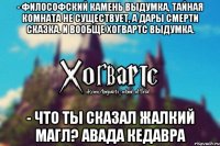 - философский камень выдумка, тайная комната не существует, а дары смерти сказка. И вообще Хогвартс выдумка. - Что ты сказал жалкий магл? Авада Кедавра